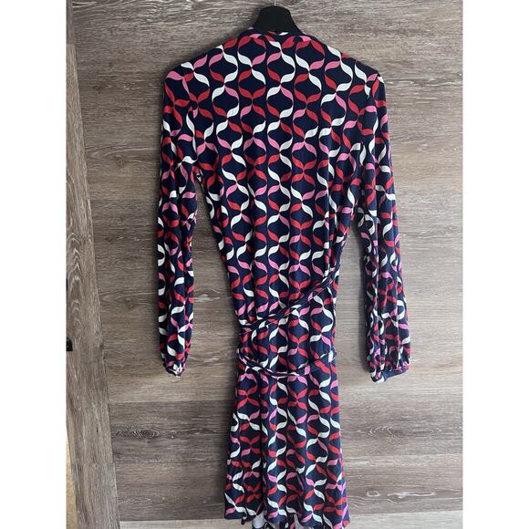 Boden wrap dress Sz 12 Geometric Midi Stretchy Comfy Tie V Neck XL - Picture 8 of 10